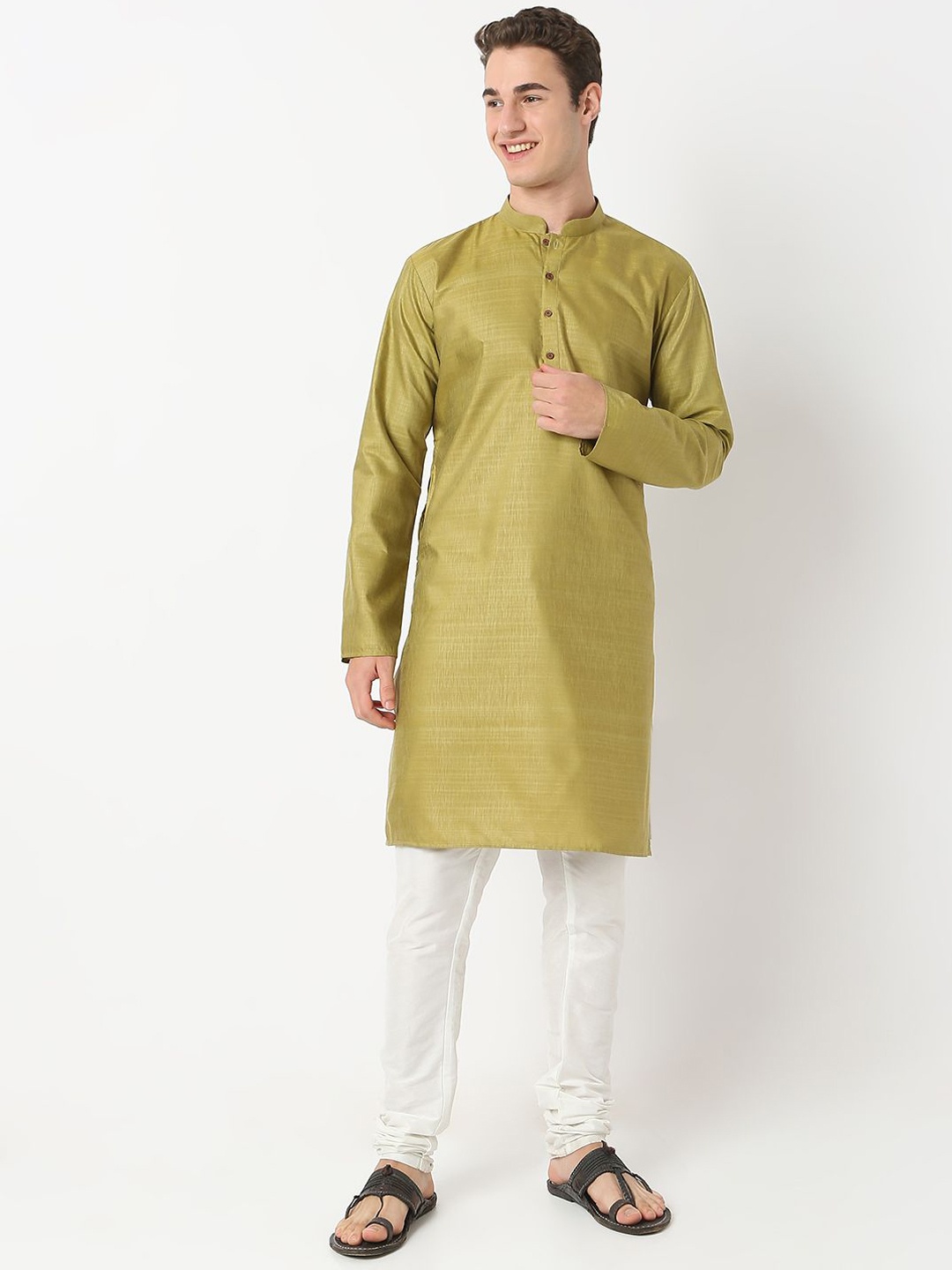 

BELLAZO Mandarin Collar Cotton Silk Straight Kurta, Olive