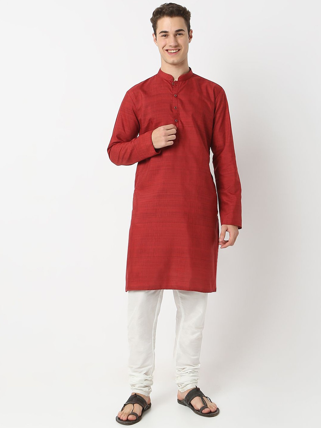 

BELLAZO Mandarin Collar Cotton Silk Straight Kurta, Red