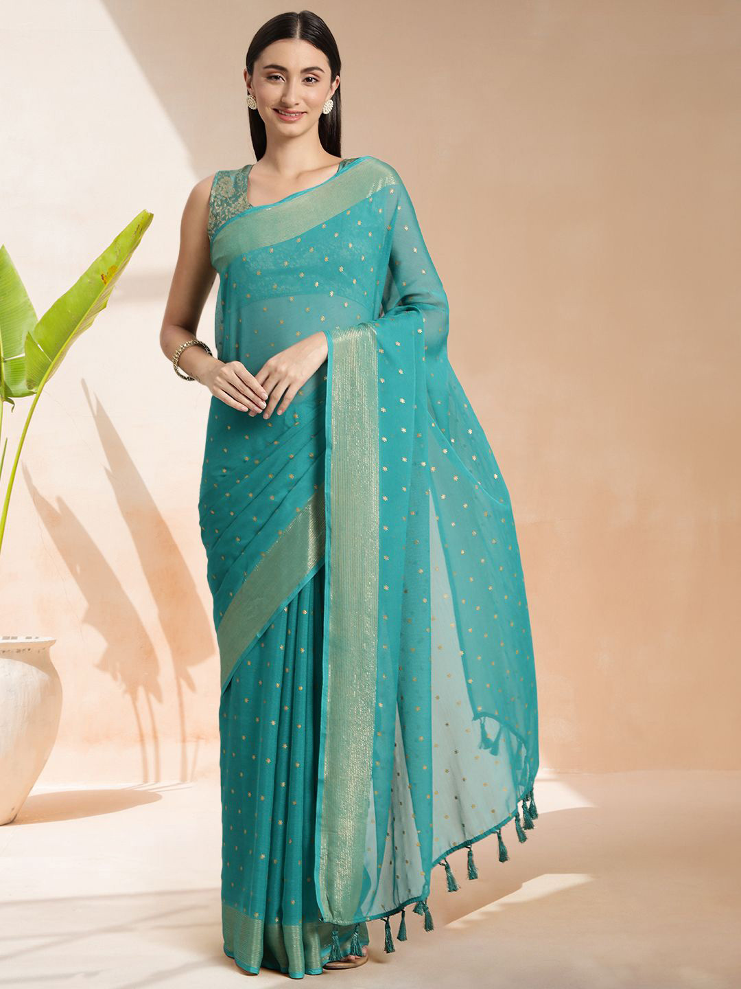 

Mitera Woven Design Zari Ready to Wear Saree, Turquoise blue