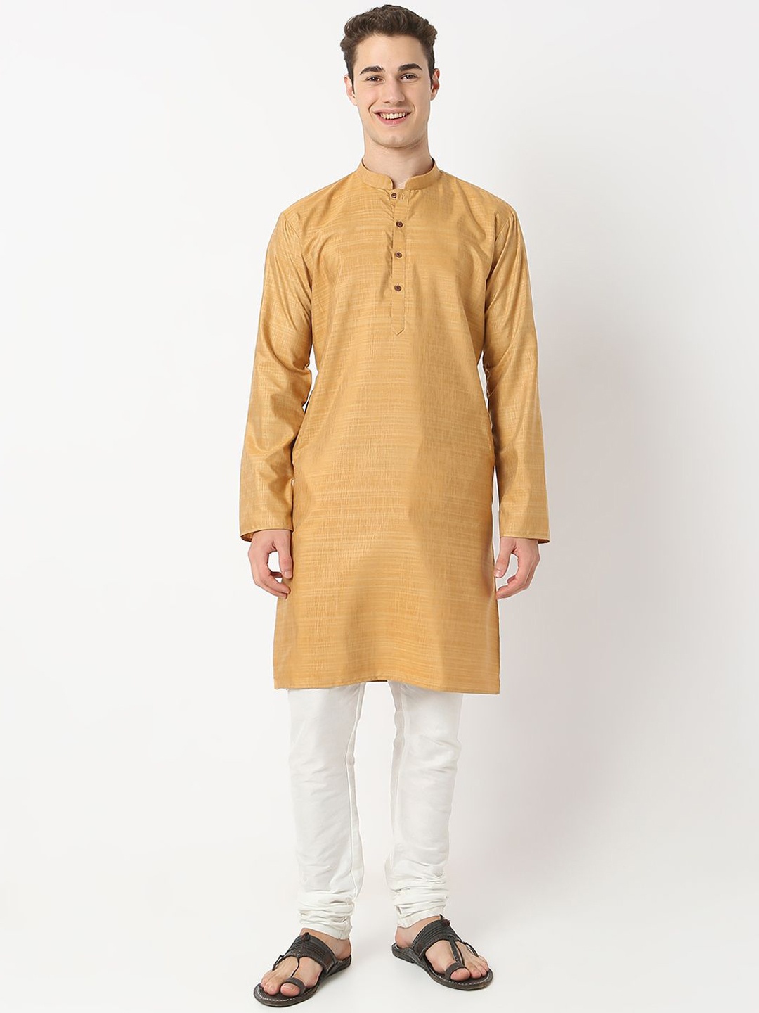 

BELLAZO Mandarin Collar Cotton Silk Straight Kurta, Gold