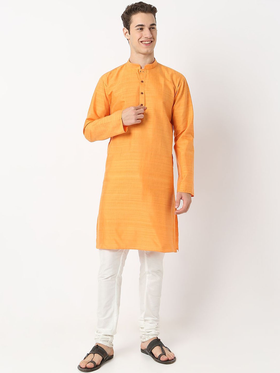 

BELLAZO Mandarin Collar Cotton Silk Straight Kurta, Orange
