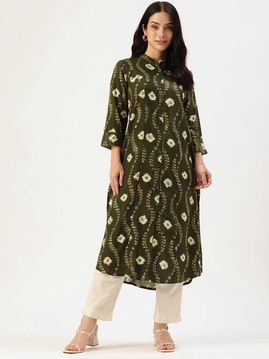 

AMUKTI Indie Prints Printed Pure Cotton A Line Kurta, Olive