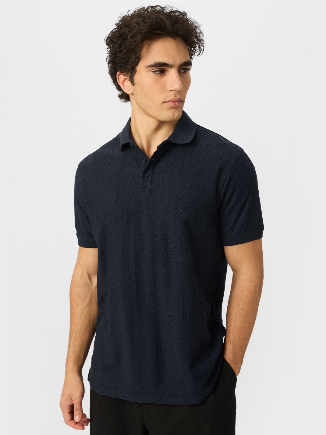 

The Souled Store Men Self Design Polo Collar Cotton Oversized T-shirt, Navy blue