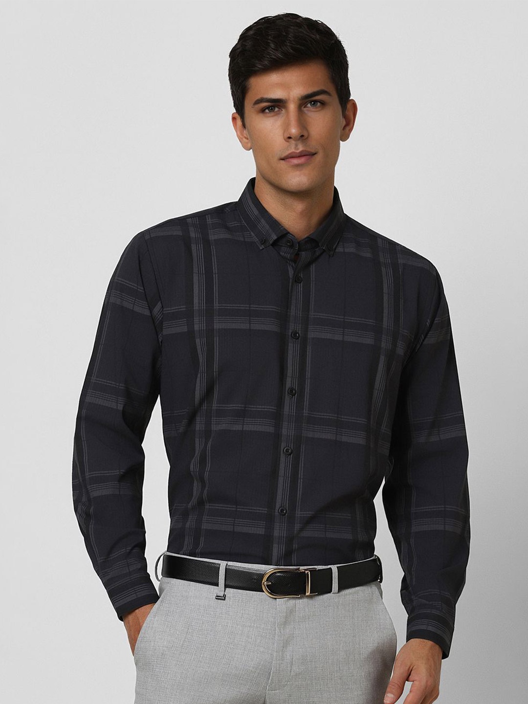 

V Dot Men Button-Down Collar Tartan Checked Slim Fit Party Shirt, Navy blue