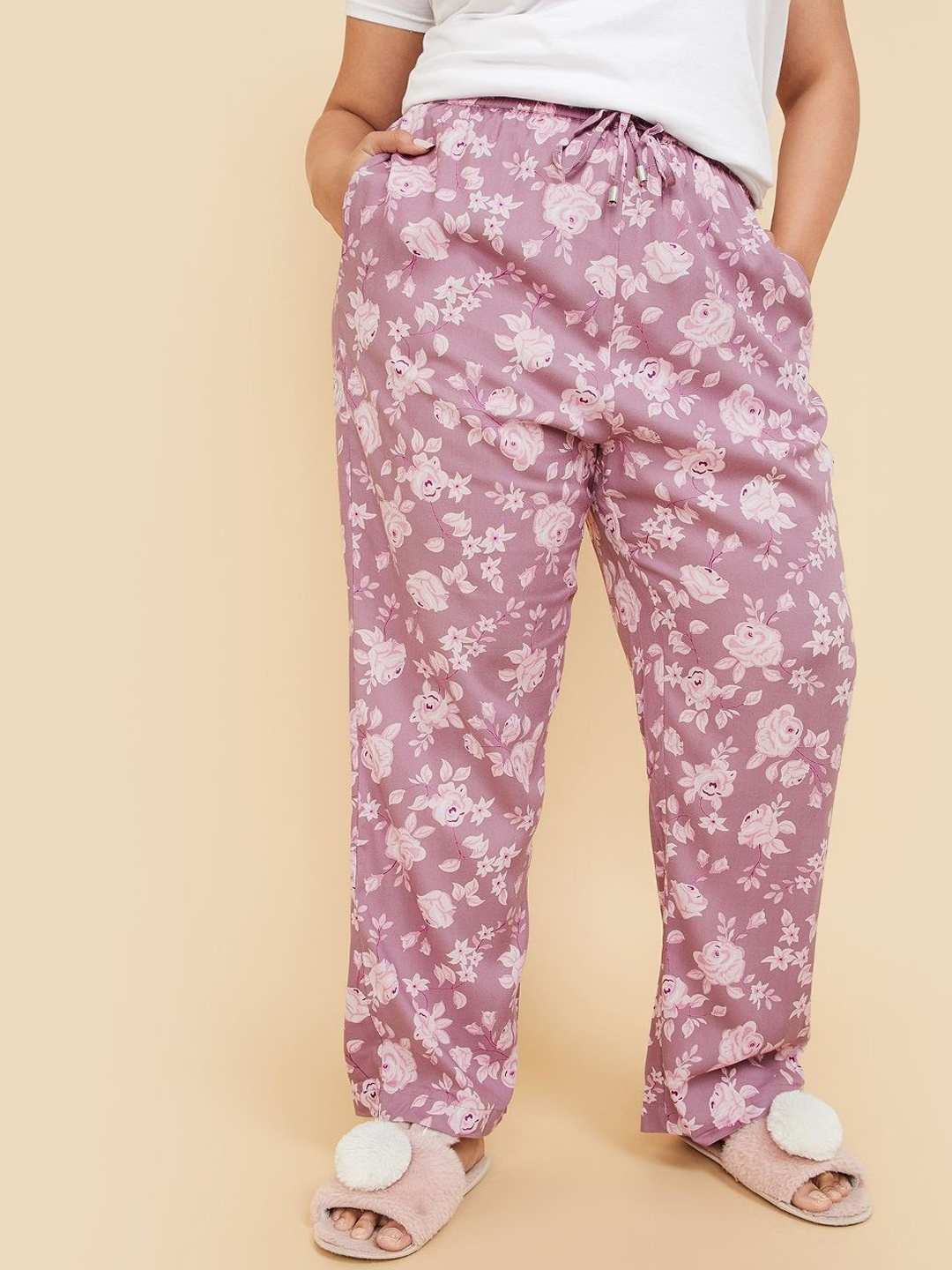 

max Women Plus Size Floral Printed Mid Rise Lounge Pants, Pink