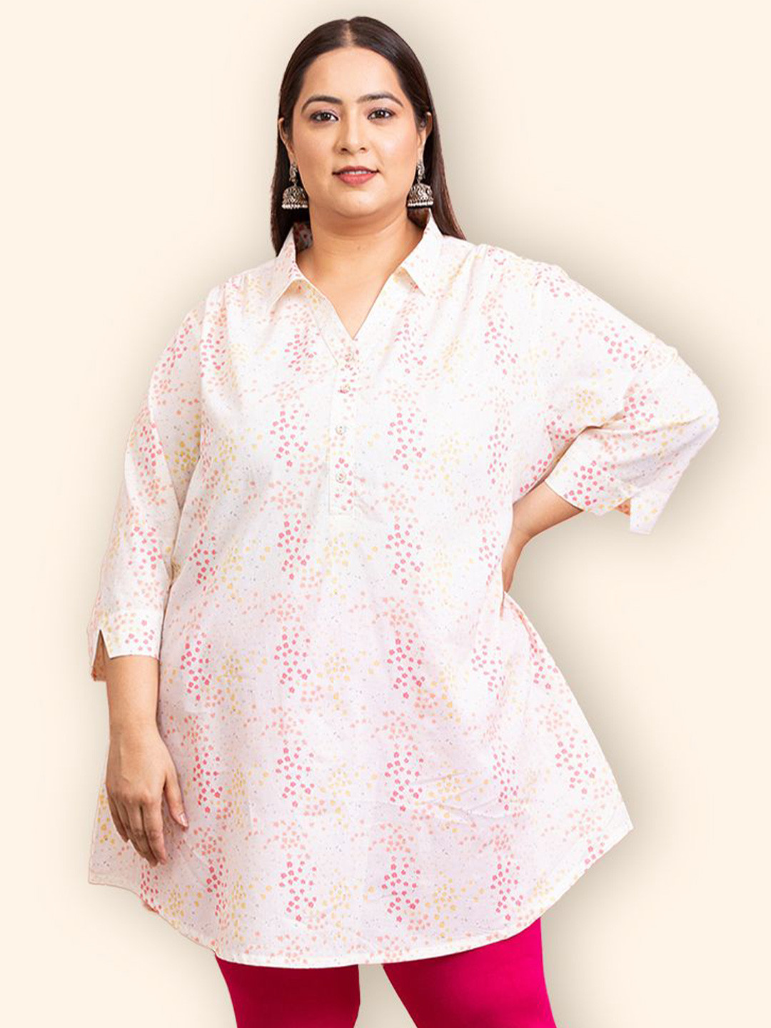 

Kiaahvi by JOHN PRIDE Women Floral Printed Shirt Collar Pure Cotton A-Line Kurti, White