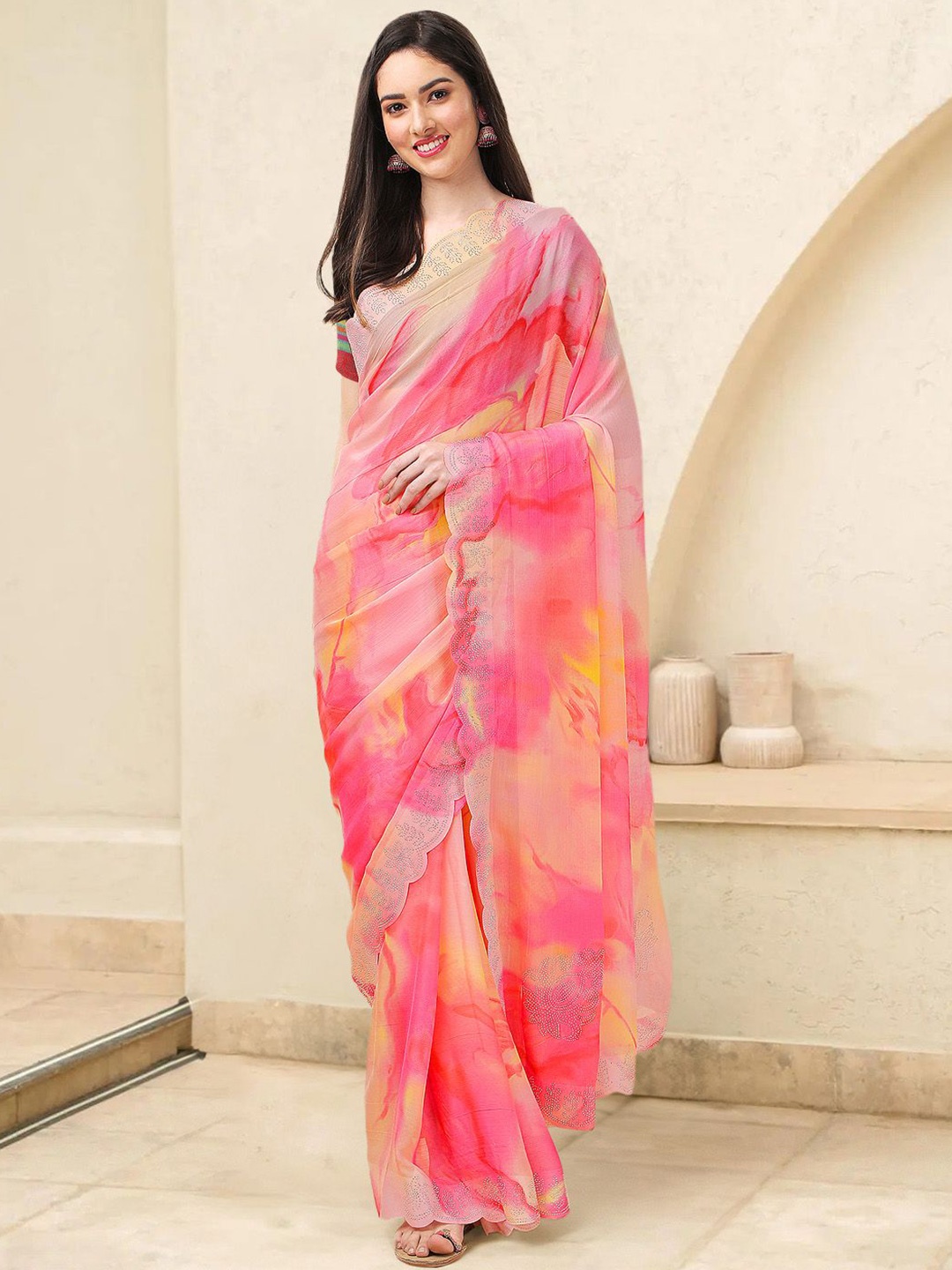 

Mitera Tie and Dye Beads and Stones Ready to Wear Saree, Fuchsia
