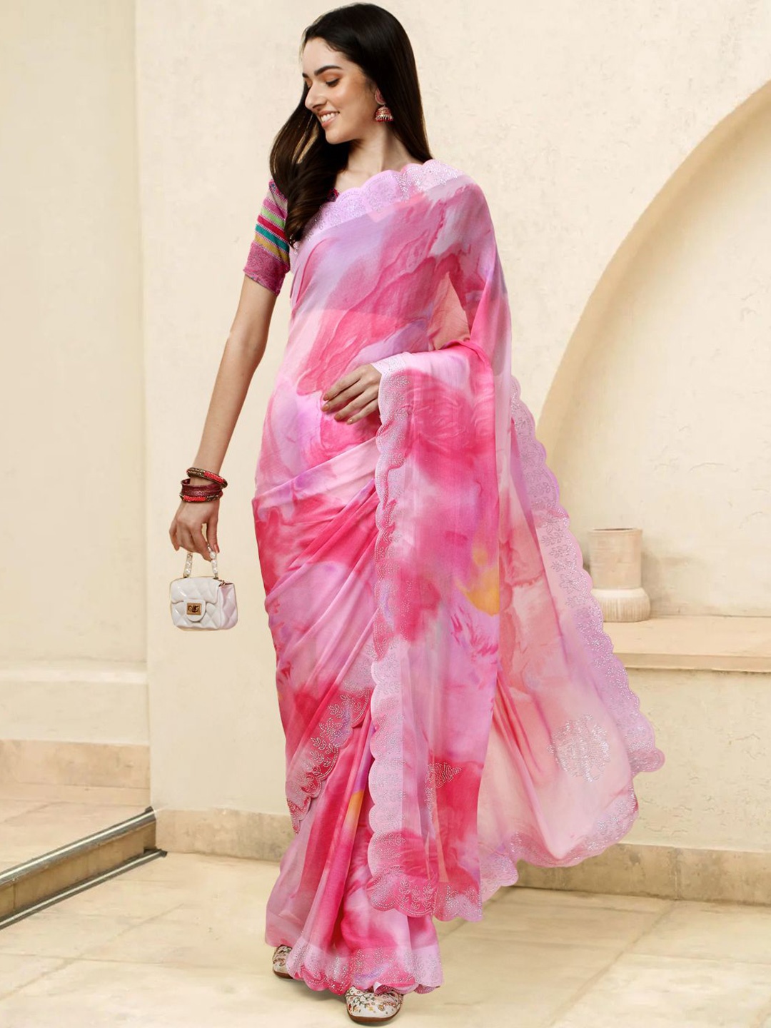 

Mitera Tie and Dye Dyed Beads and Stones Ready to Wear Saree, Pink