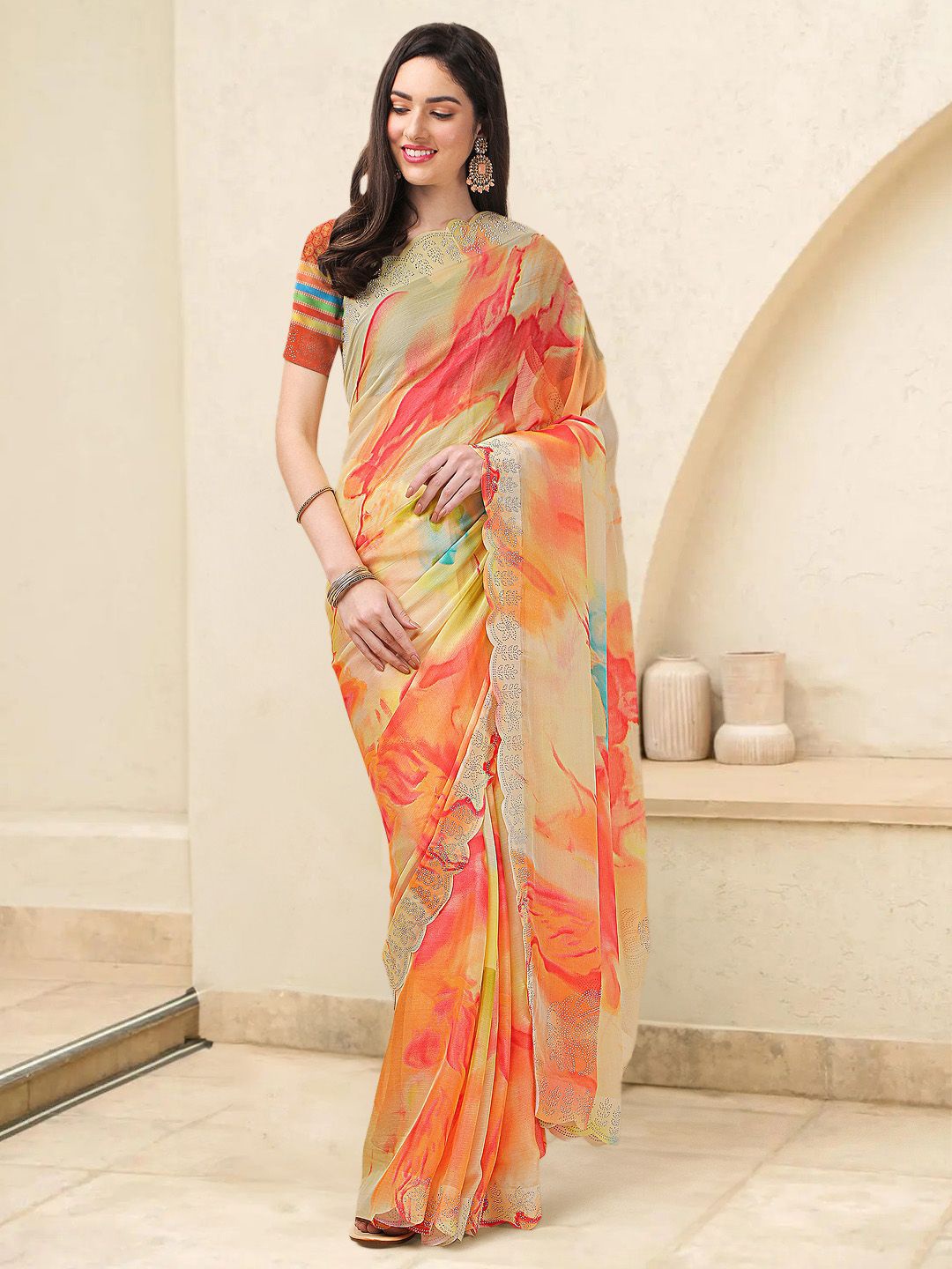 

Mitera Tie and Dye Beads and Stones Ready to Wear Saree, Yellow