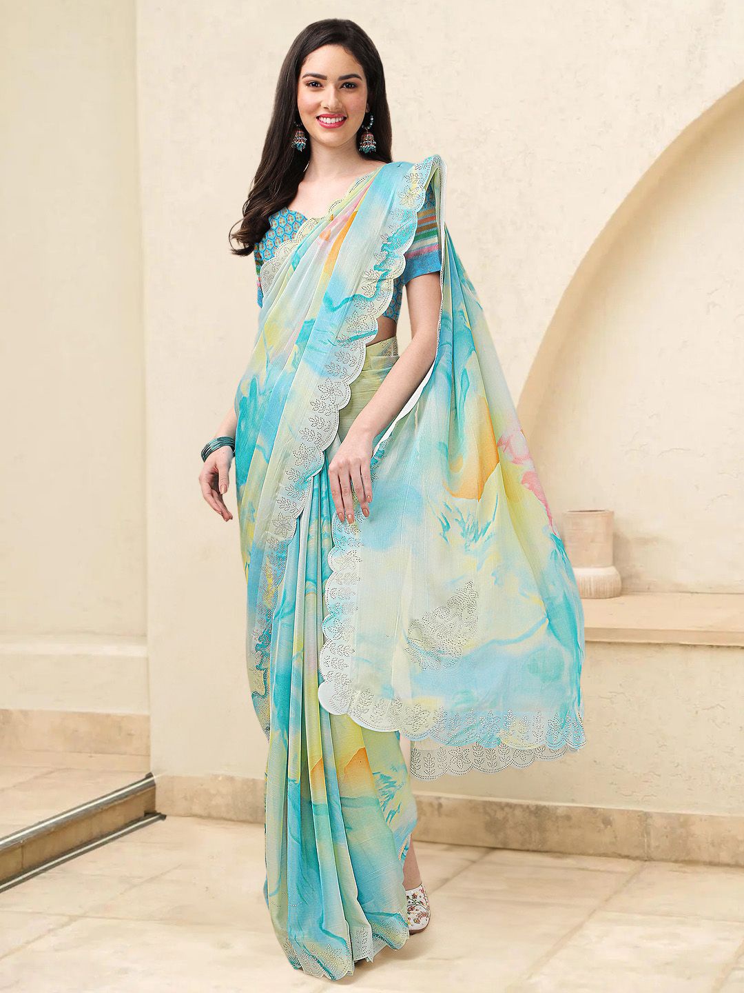 

Mitera Tie and Dye Beads and Stones Ready to Wear Saree, Blue