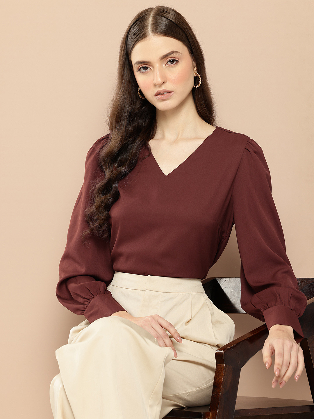 

her by invictus Solid Bishop Sleeves Top, Coffee brown