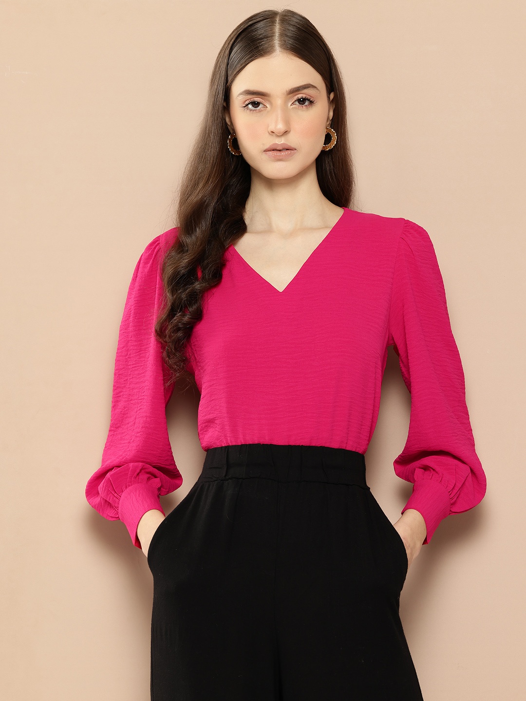

her by invictus Solid Bishop Sleeves Top, Magenta