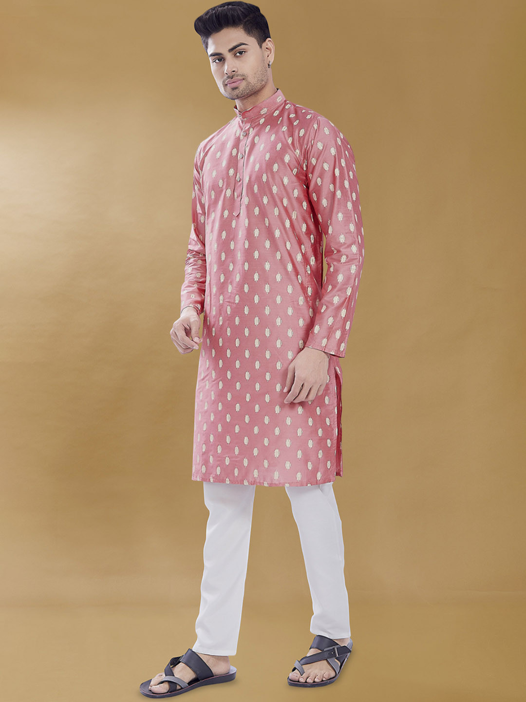 

DIVISIVE Mandarin Collar Abstract Printed Thread Work Straight Kurta, Pink