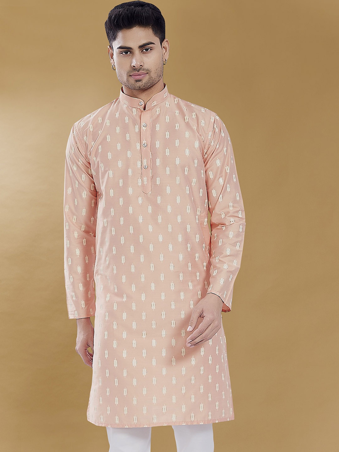 

DIVISIVE Mandarin Collar Abstract Printed Thread Work Straight Kurta, Peach