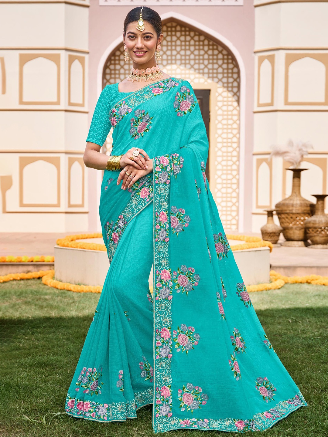 

Laxmipati Floral Embroidered Saree, Turquoise blue