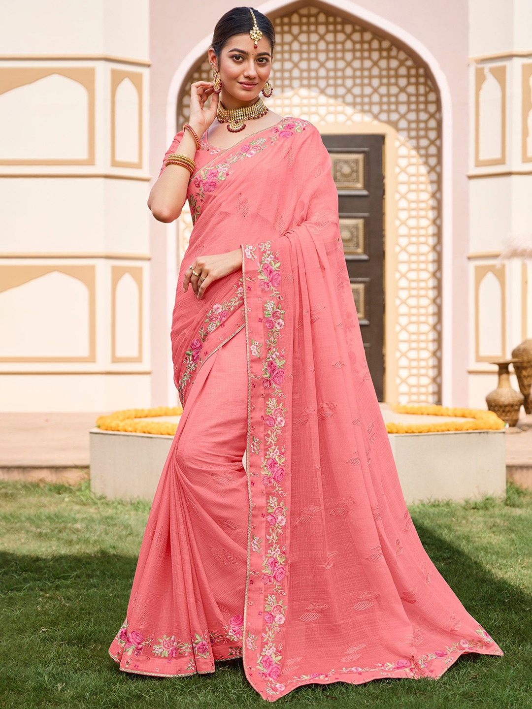 

Laxmipati Floral Embroidered Saree, Pink