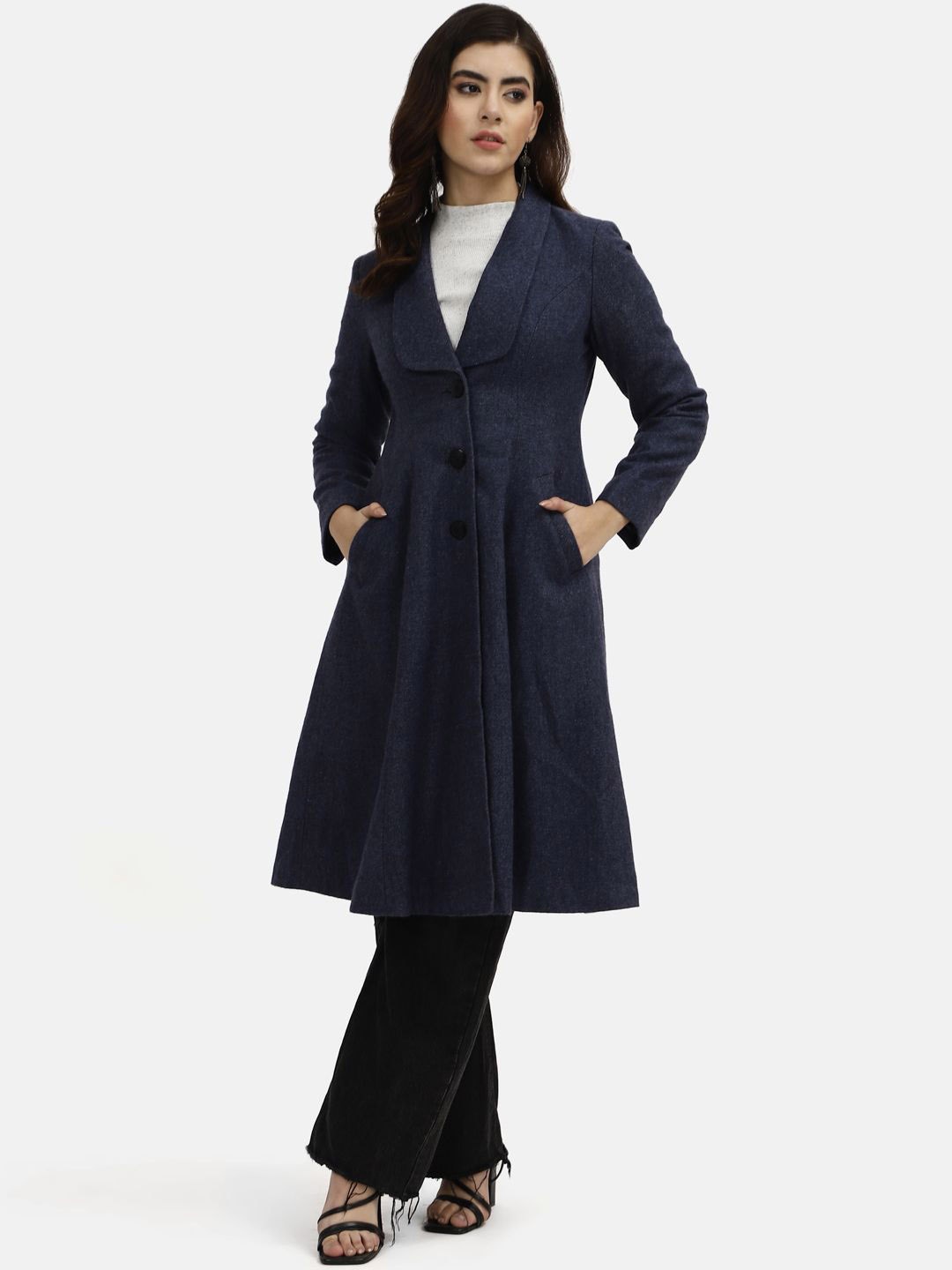 

Owncraft Women Shawl Collar Single-Breasted OverCoat, Navy blue