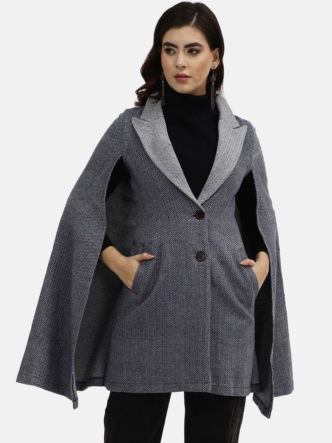 

Owncraft Women Notched Lapel Single-Breasted Cape Coat, Blue