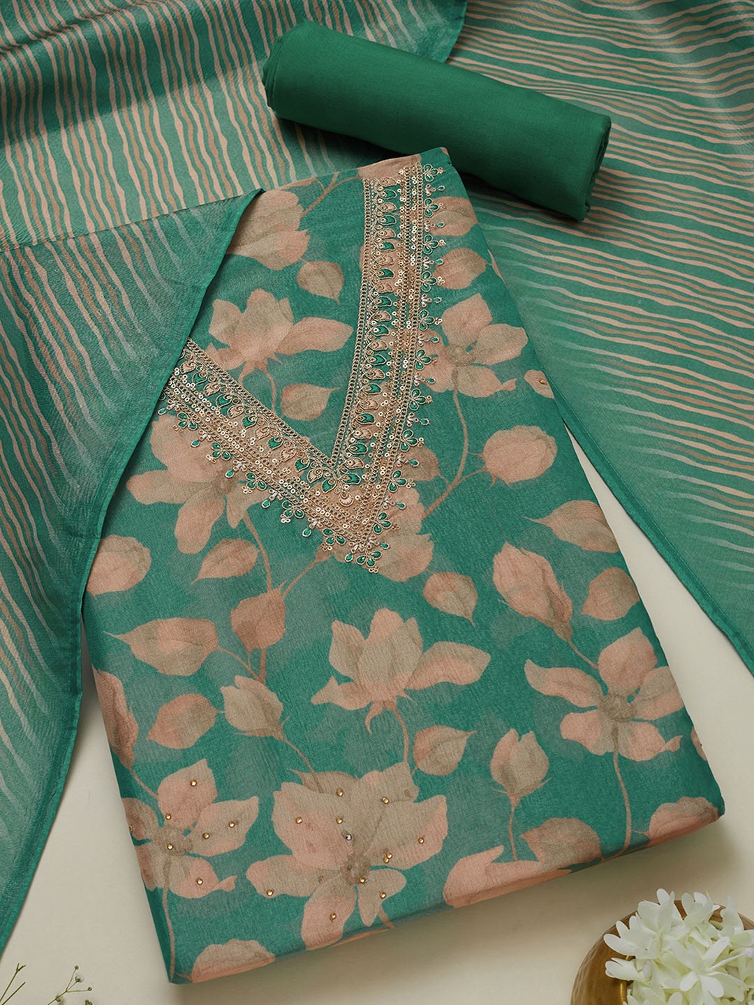 Soch Turquoise Blue Floral Printed Sequinned Unstitched Dress Material