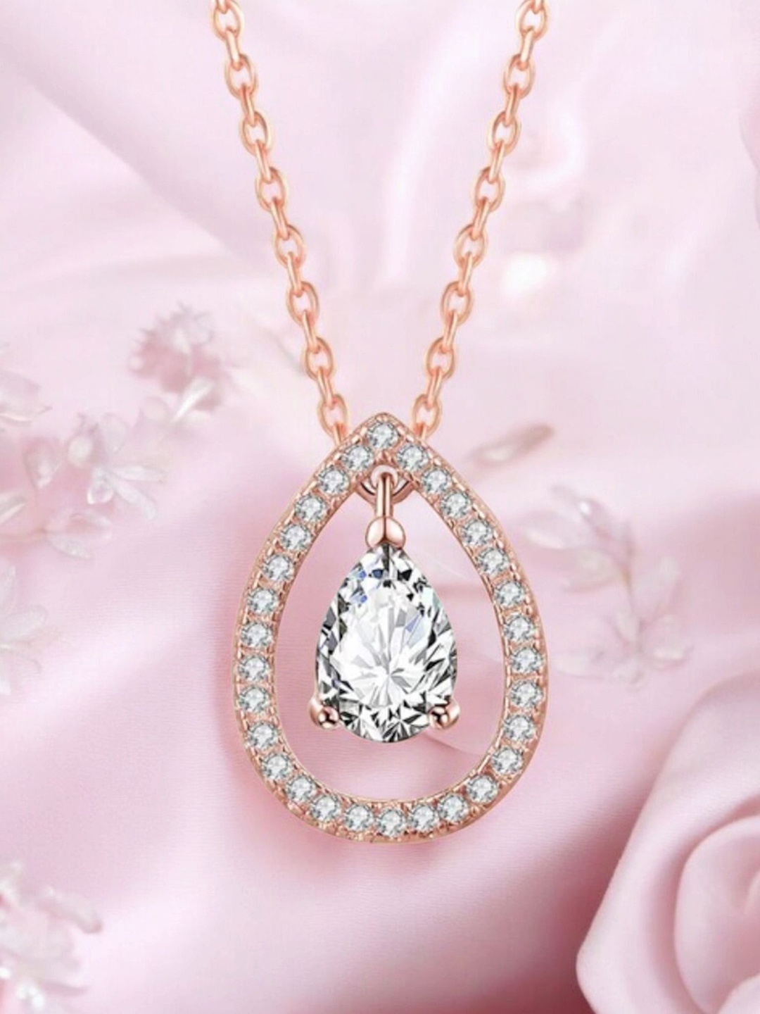 

Nilu's Collection Rose Gold Plated Cubic Zirconia Oval Pendant & Chain