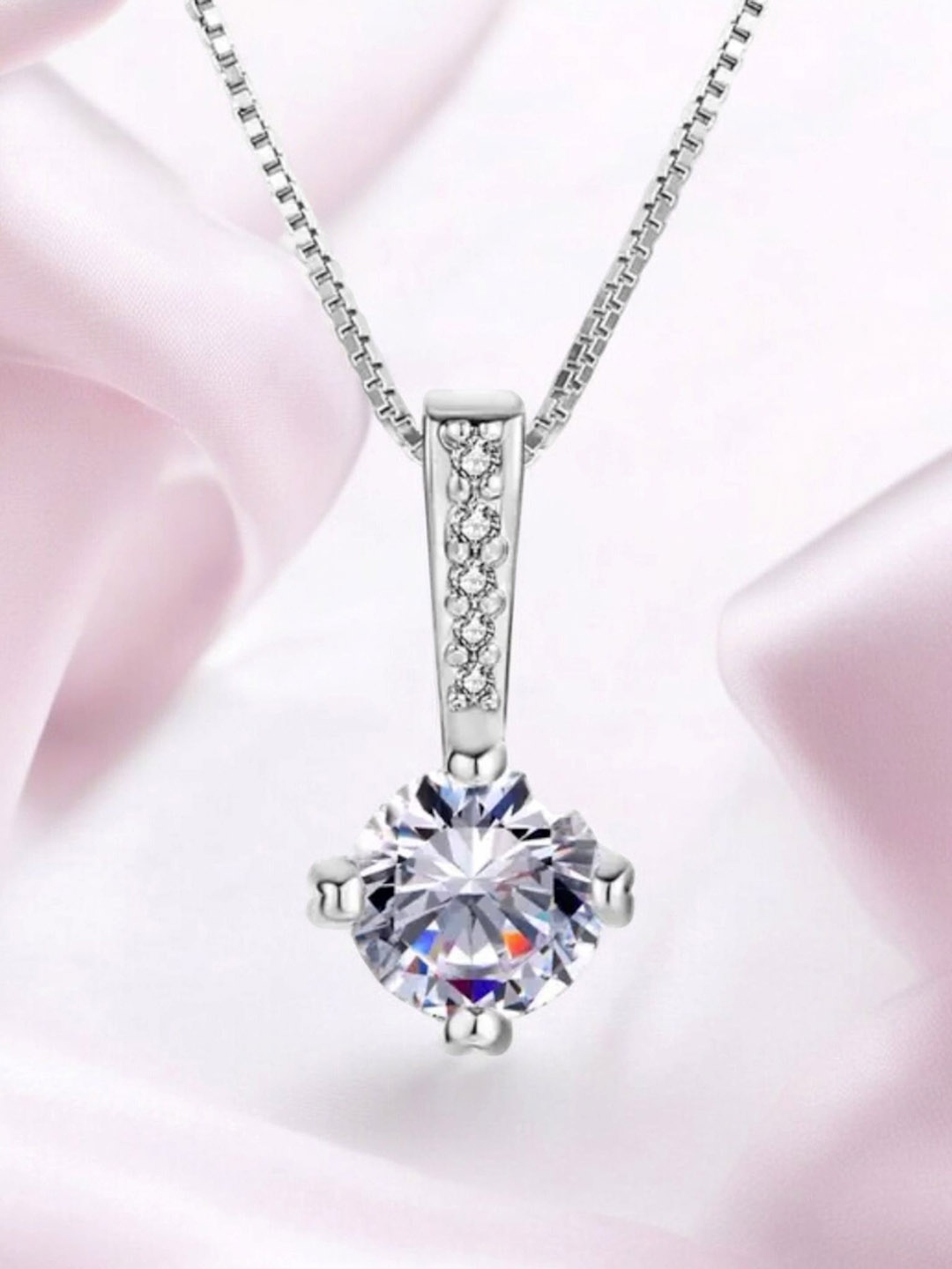 

Nilu's Collection Silver-Plated Cubic Zirconia Studded Solitaire Square Pendant with Chain