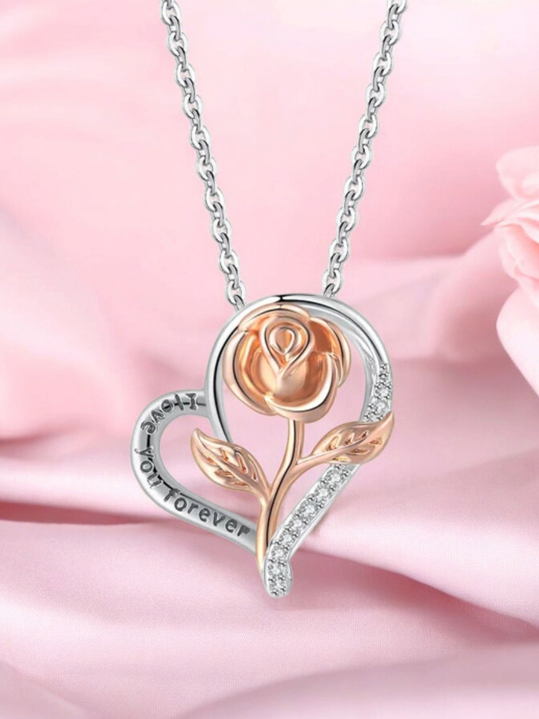 Nilu's Collection Rose Gold-Plated Cubic Zirconia Studded Heart & Rose Pendant with Chain