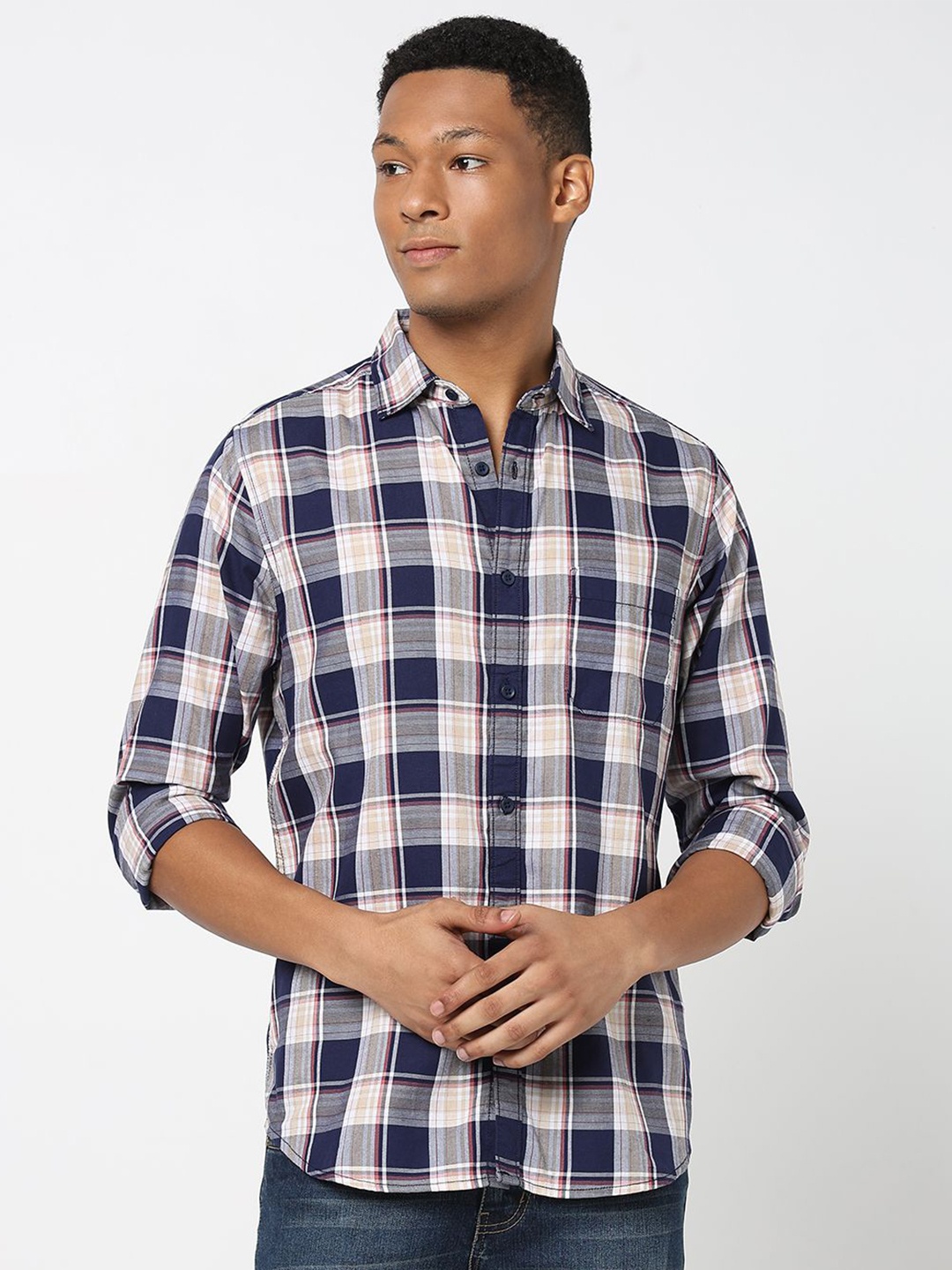 

R&B Men Spread Collar Tartan Checked Cotton Casual Shirt, Navy blue