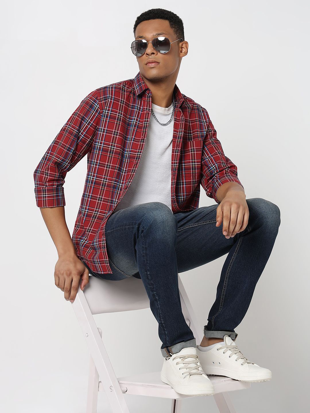 

R&B Men Spread Collar Tartan Checked Cotton Casual Shirt, Red
