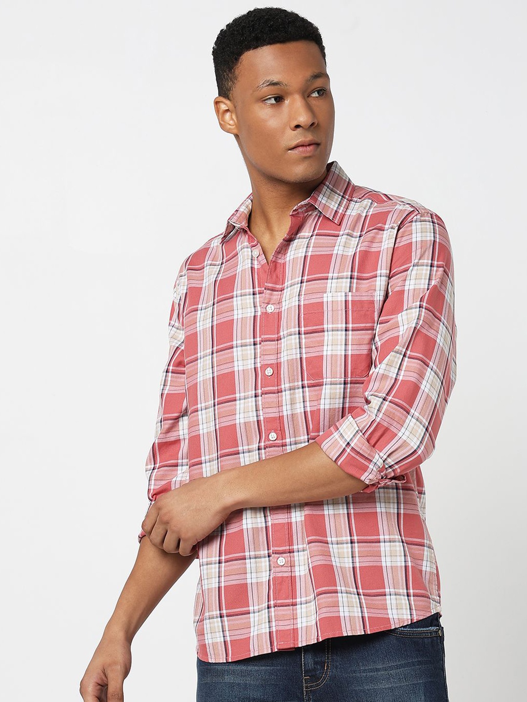 

R&B Men Tartan Checks Opaque Checked Casual Shirt, Pink