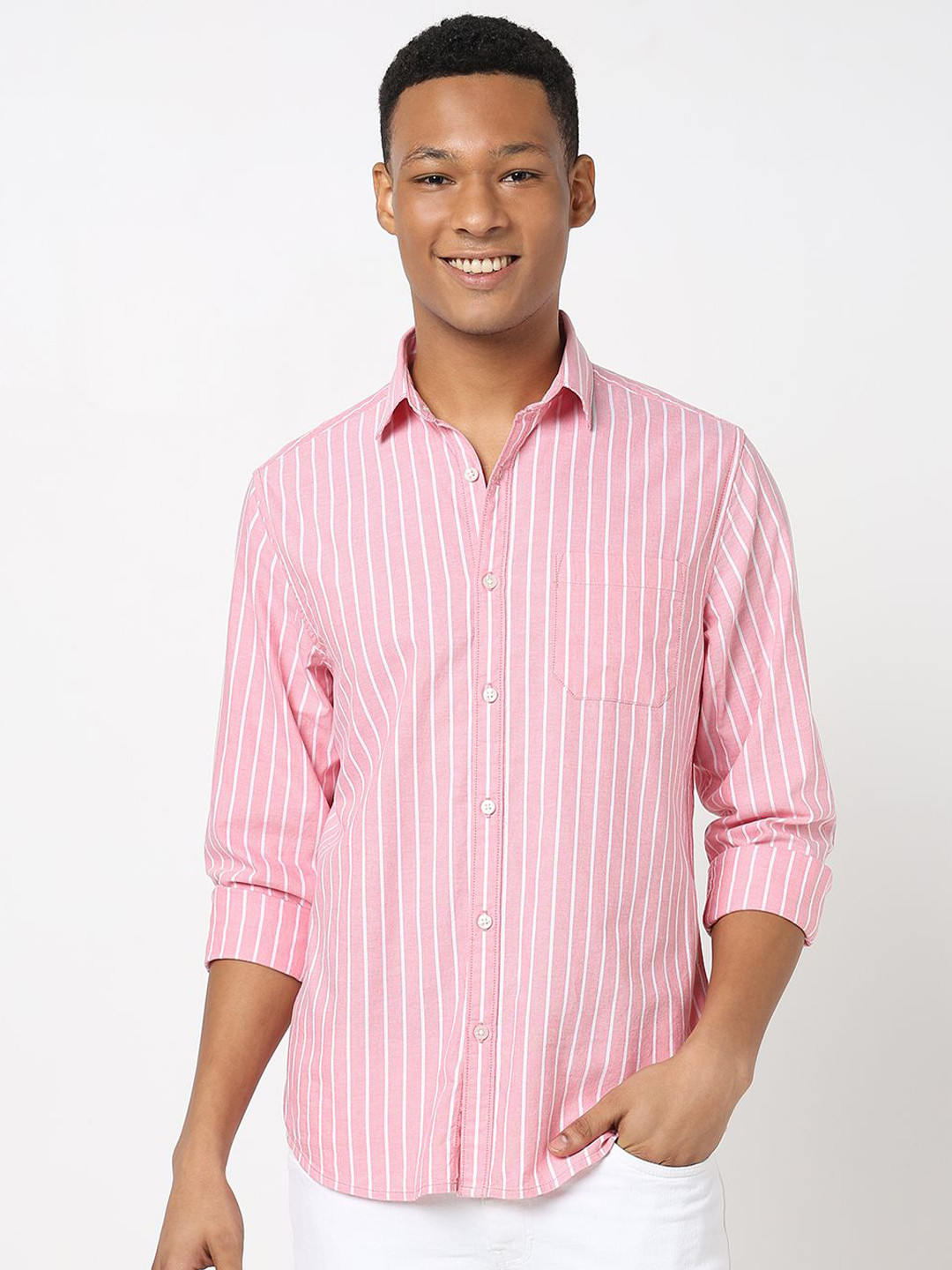 

R&B Men Spread Collar Vertical Striped Cotton Casual Shirt, Pink