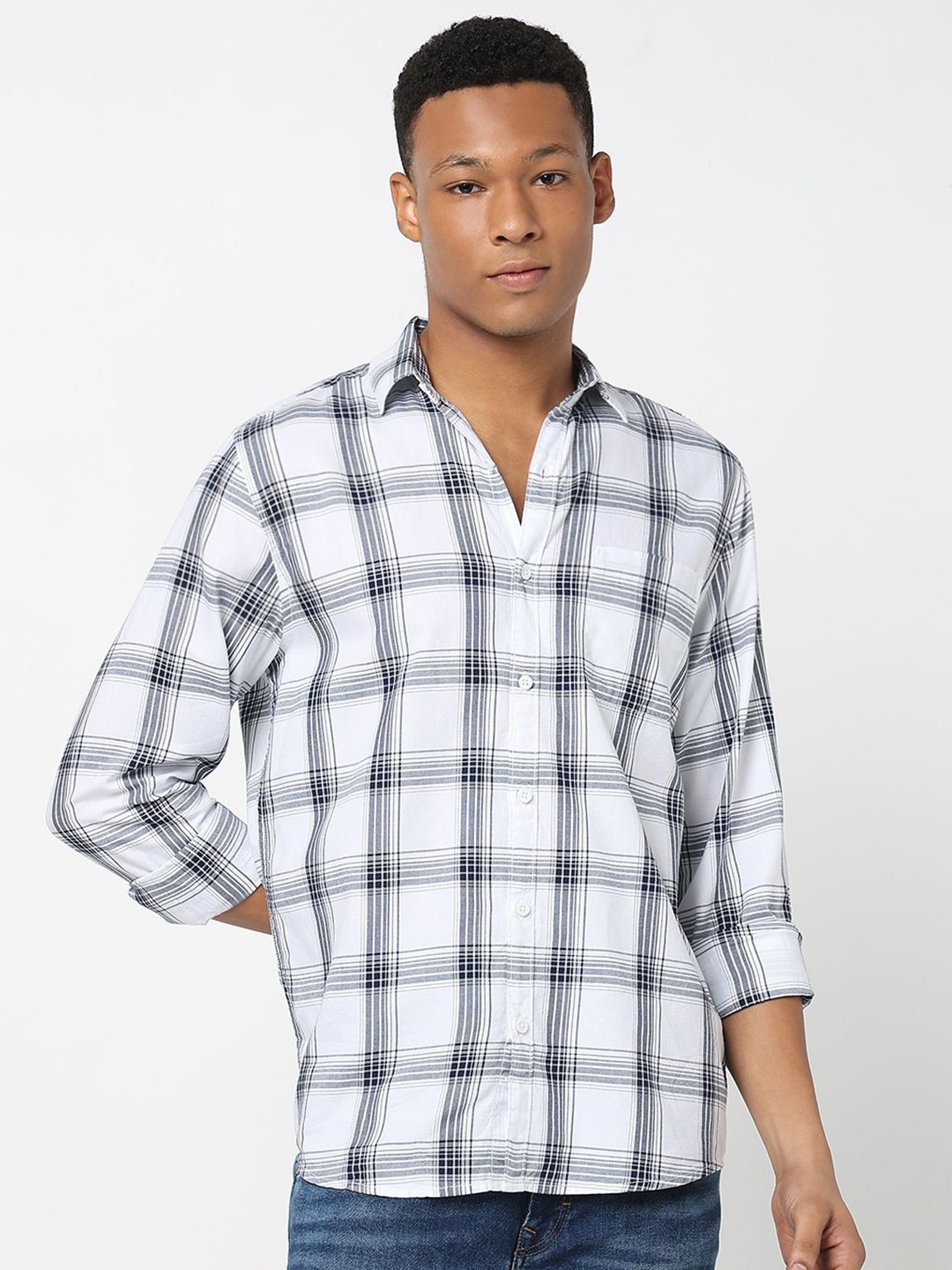 

R&B Men Spread Collar Tartan Checked Cotton Casual Shirt, White