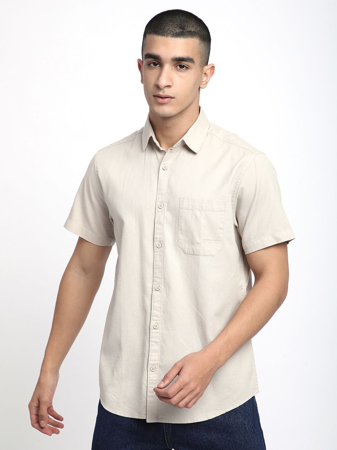 

R&B Men Spread Collar Solid Cotton Casual Shirt, Beige