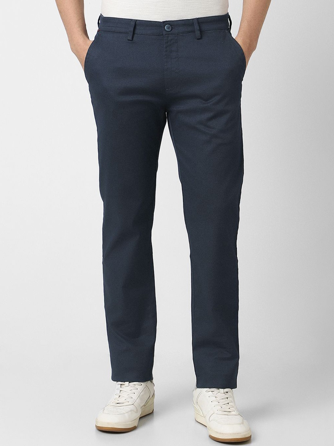 Peter England Casuals Men Printed Super Slim Fit Mid-Rise Trousers, Navy blue