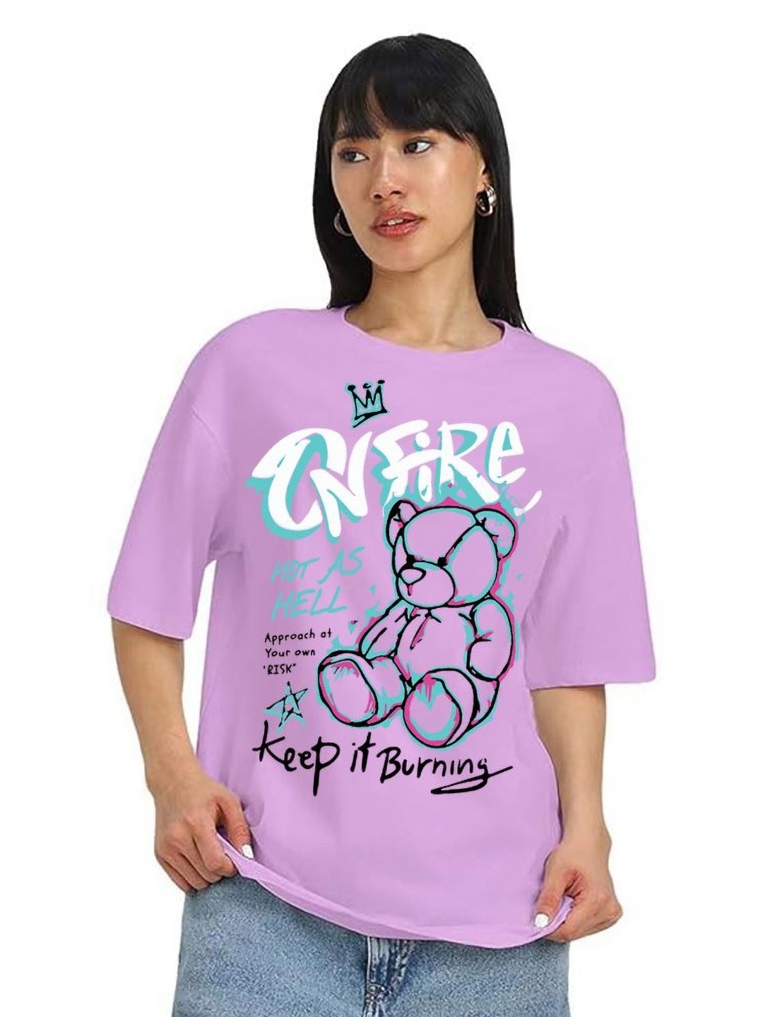 

VIXENLY Women Graphic Printed Round Neck Cotton Oversized T-shirt, Lavender