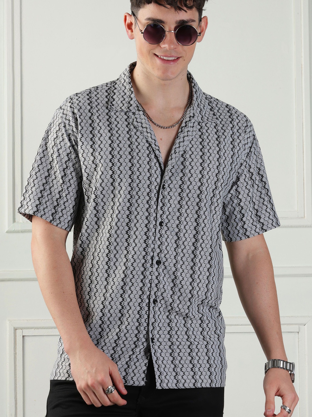 

Urban Buccachi Men Classic Cuban Collar Vertical Striped Casual Shirt, Grey