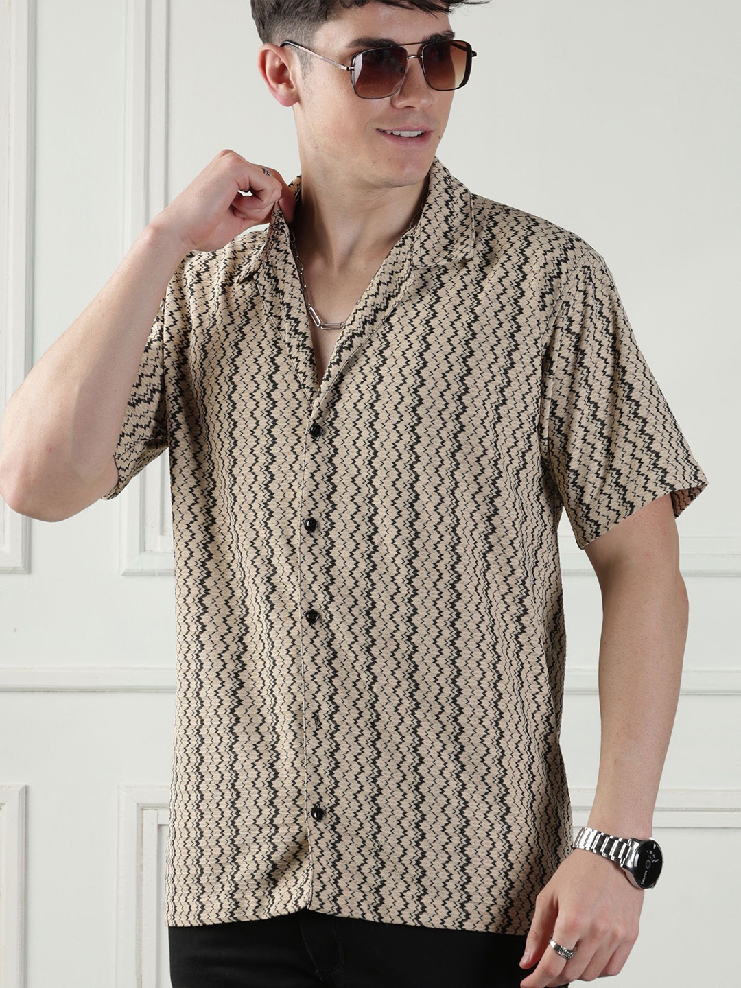 

Urban Buccachi Men Classic Cuban Collar Vertical Striped Casual Shirt, Brown