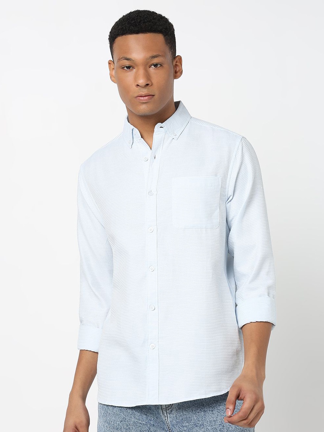 

R&B Men Spread Collar Solid Casual Shirt, Blue