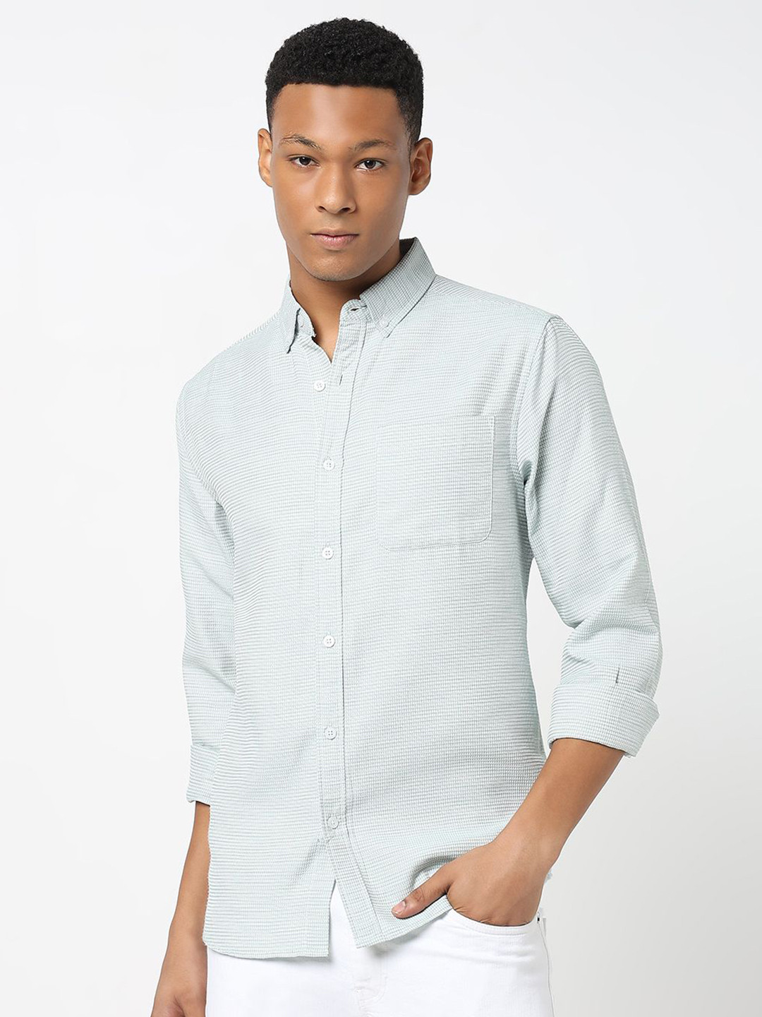 

R&B Men Spread Collar Solid Casual Shirt, Green