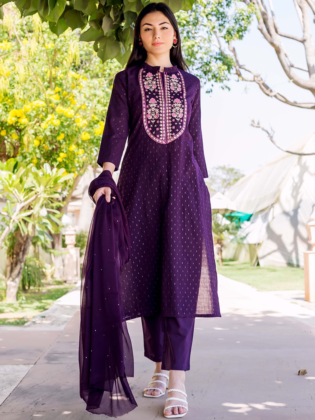 

KALINI Mandarin Collar Floral Embroidered Thread Work Kurta with Trouser & Dupatta, Purple