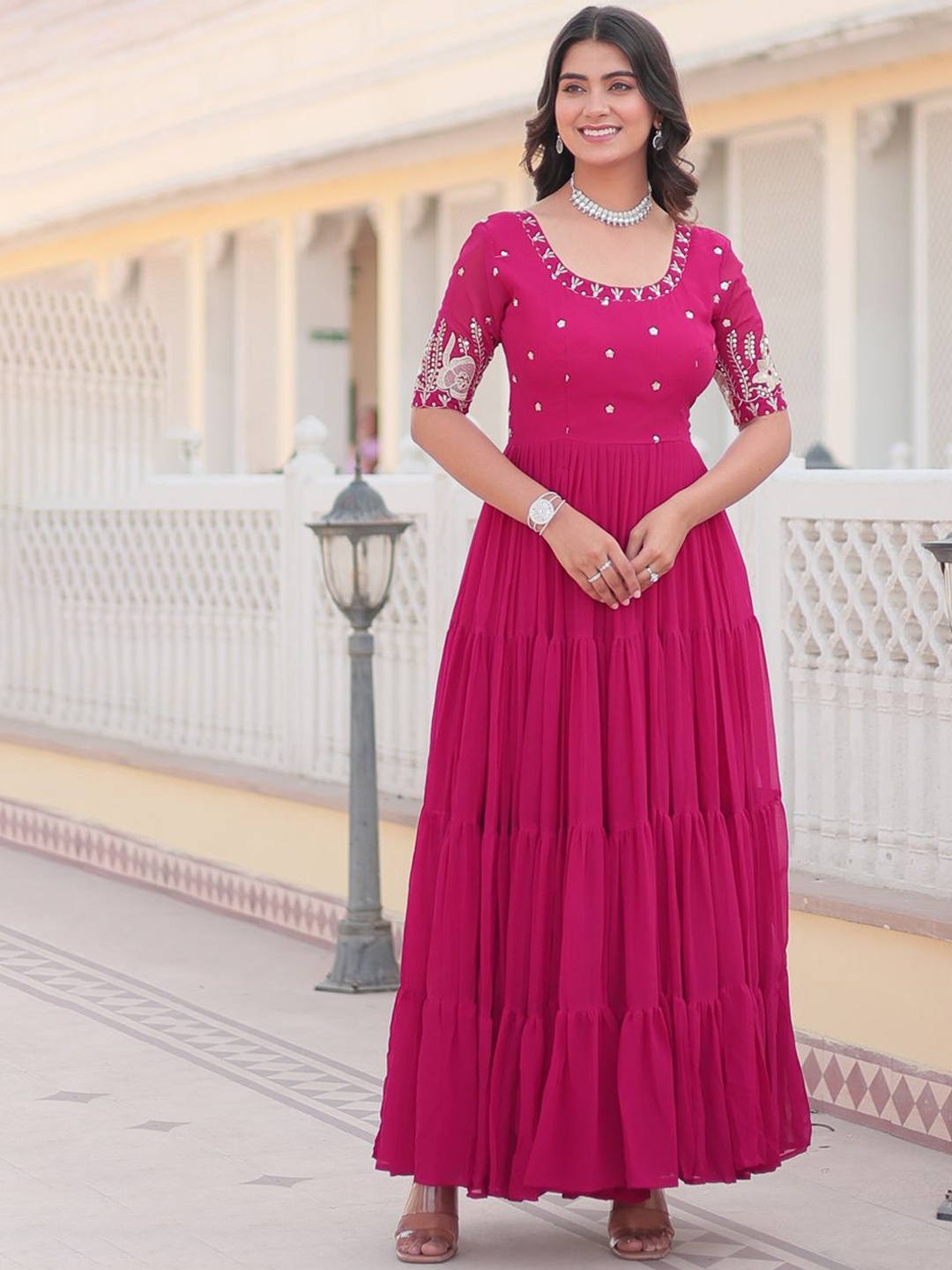 Ethnic Yard Women Embroidered Tiered Flared Maxi Ethnic Dresses, Pink