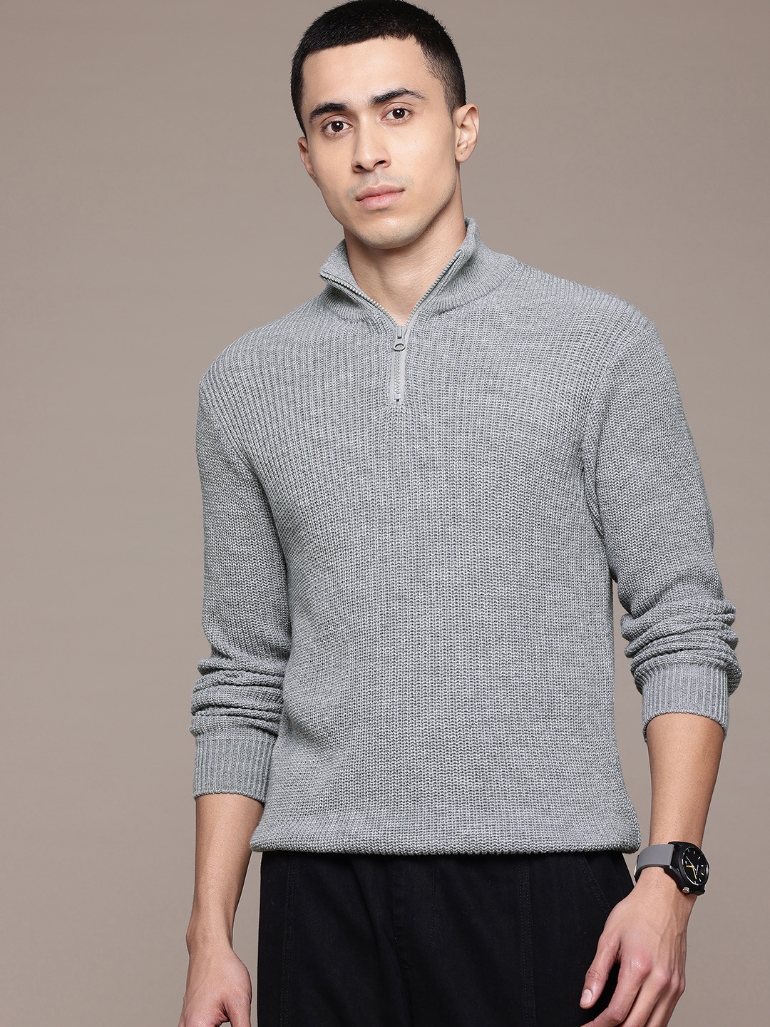 

The Roadster Lifestyle Co. Mock Neck Ribbed Pullover, Grey melange