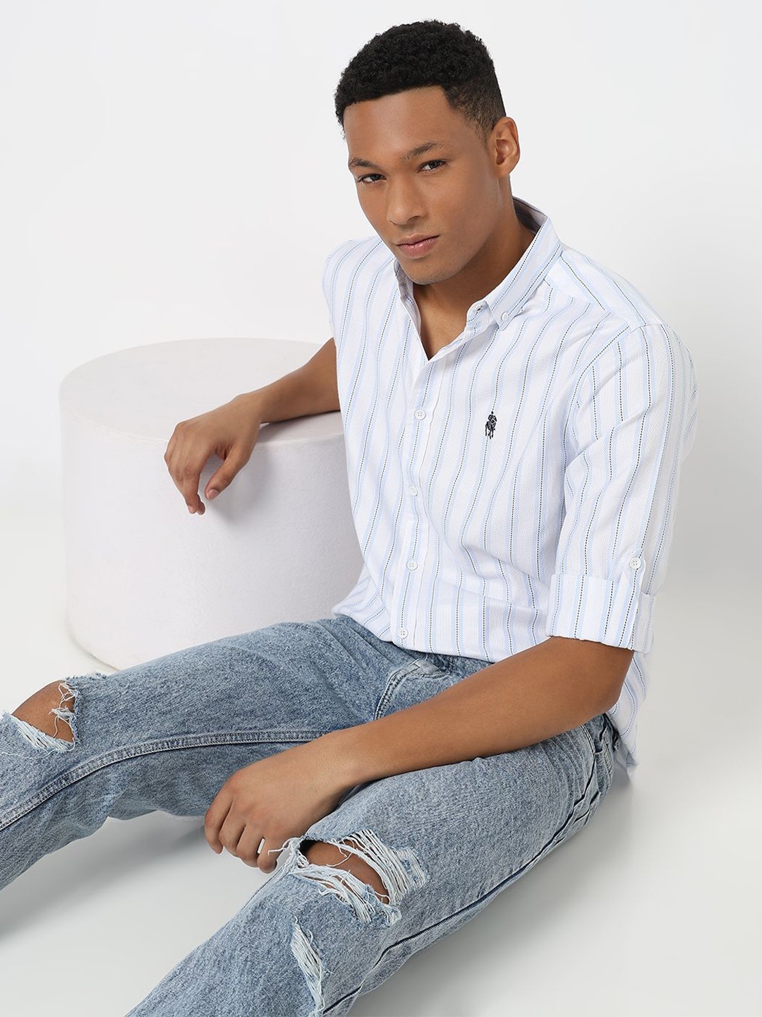 

R&B Men Opaque Striped Casual Shirt, Blue