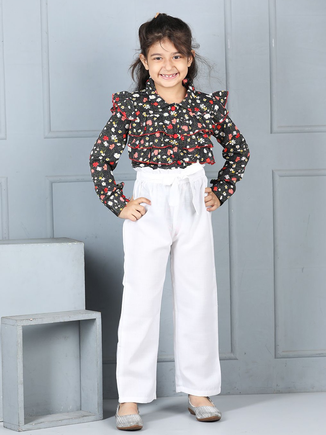 

Cutiekins Girls Printed Shirt Collar Long Sleeves Top With Palazzo, Black
