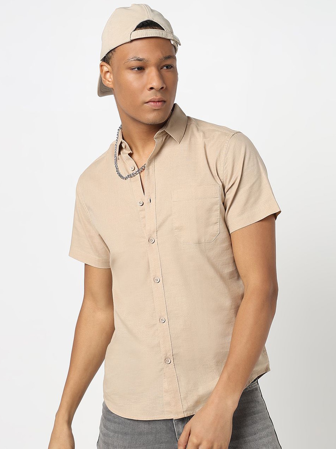 

R&B Men Spread Collar Solid Cotton Casual Shirt, Beige