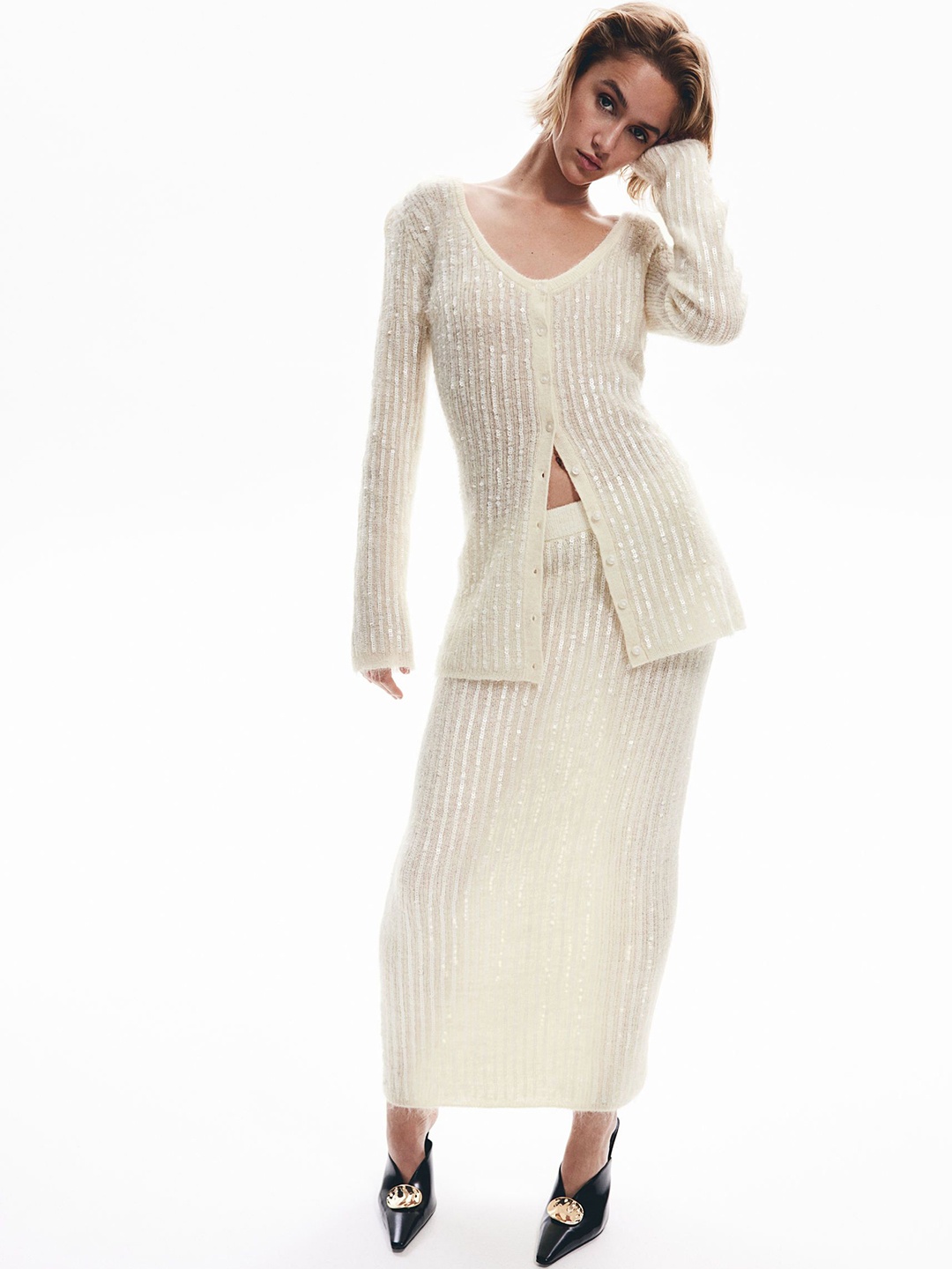 

H&M Sequined Mohair-Blend Skirt, White