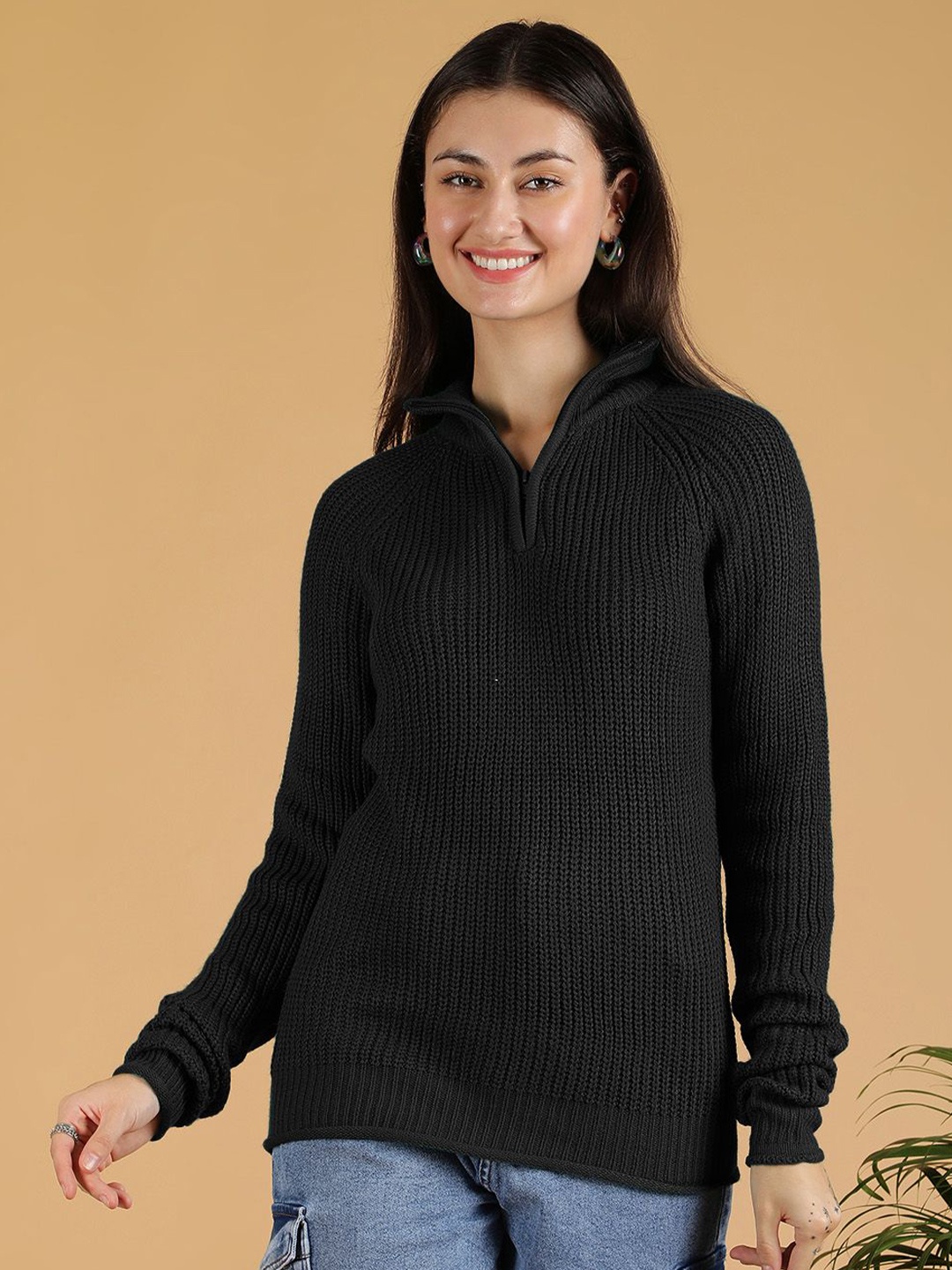 

Kotty Women Ribbed Mock Collar Full Sleeve Pullover Sweaters, Black