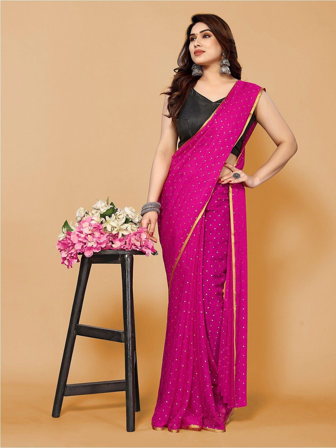 

SWADESI STUFF Zari Pure Georgette Saree, Pink