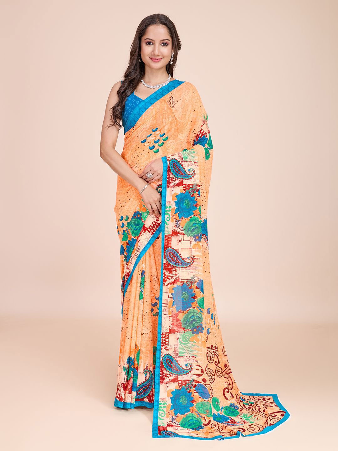 

KALINI Floral Printed Saree, Peach