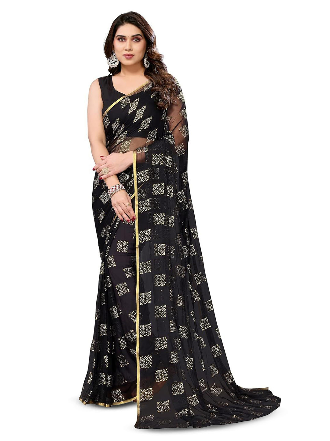

SWADESI STUFF Ethnic Motifs Printed Pure Georgette Saree, Black