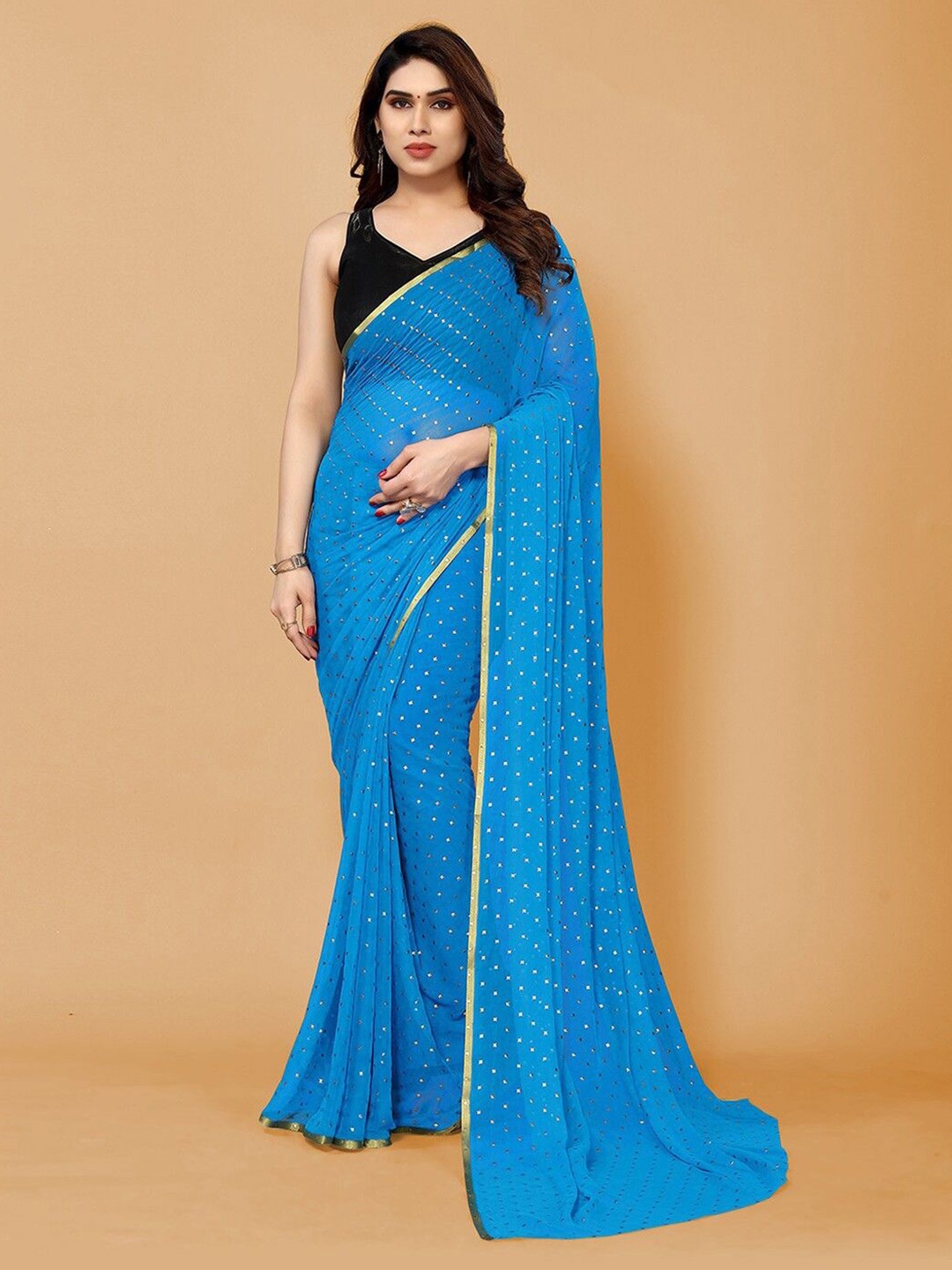 SWADESI STUFF Floral Zari Pure Georgette Saree, Blue